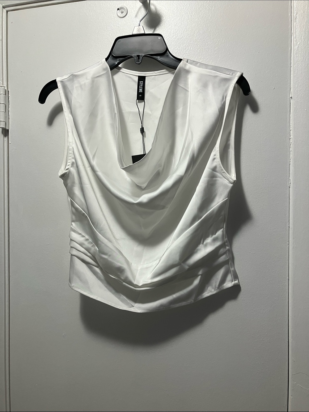 STYLEWE White Satin Draped Cowl Neck Top